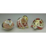 Three Royal Crown Derby paperweights, Beaver with gold stopper, Turtle with silver stopper,