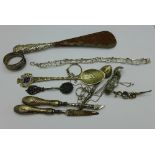 Silver and white metal items,