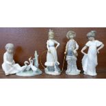 Four Nao figures and a Lladro figure of a boy with fishing rod