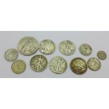 Eleven silver American coins including 1923 dollar