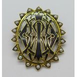 An enamel and seed pearl set memorial brooch, enamel a/f,