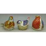 Three Royal Crown Derby paperweights; Linnet,