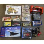 A collection of model vehicles including Ixo Aston Martin, four Corgi London scene,