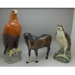 A Beswick mare facing left and two Beswick whisky decanters, lacking contents,
