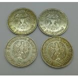 Four German funf mark coins 1934,