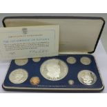 A Republic of Panama nine coin proof set, weight of the three silver coins, 192g,