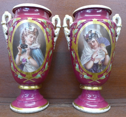 A pair of Viennese vases, with transfer print portraits,