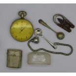 A stop watch with ten second dial, a travel inkwell, mustard spoons, etc.
