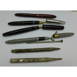 Three pens with 14k nibs; Sheaffer x 2, Park, Sheaffer with palladium and silver nib,