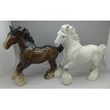 Two Beswick cantering shire horses