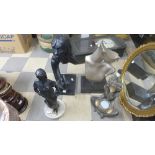 Three Art Deco style figures and an eastern style table lamp