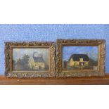 A pair of miniature naive cottage scenes, oil on panel,