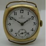 An early gold plated Omega wristwatch, cushion case, enamel dial, 15 jewels, adj to two positions,