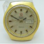 A gold plated Omega Electronic f300Hz Geneve Chronometer day/date wristwatch, 1260 calibre,