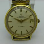 A gold plated Universal Polerouter Geneve automatic wristwatch, calendar dial, 28 jewels,