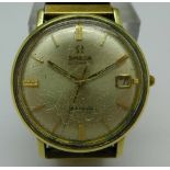 A gold plated Omega Seamaster De Ville automatic wristwatch, expandable strap, working.