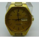 A gold plated Omega Seamaster day/date quartz wristwatch, 1345 calibre, 7 jewels,