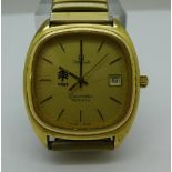 A gold plated Omega Seamaster quart wristwatch, calendar dial, 1342 calibre, 15 jewels,