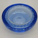 A 1950's Whitefriars glass controlled bubble dish in blue, William Wilson, pattern no.