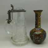 A cloisonne vase and a glass and pewter stein,