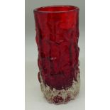 A 1960's Whitefriars glass bark cased vase in ruby red by Geoffrey Baxter, catalogue no.