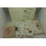 WWI silk sweetheart handkerchiefs, a Happy Landing! greetings card with aircraft badge,