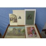 Three watercolours, still life, church scene and study of a bird and two etchings,