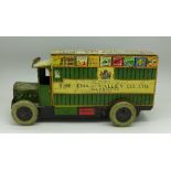 A Chad Valley tin-plate clockwork lorry with key, length 25cm,