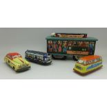 Four tin-plate toys comprising a cable car,