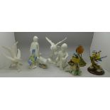 Two Goebel white bird figures, a Border Fine Arts robin, a Goebel blue tit, etc.