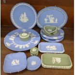 A collection of Wedgwood blue and green Jasperware,