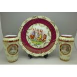 A Vienna classical scene plate and a pair of similar vases decorated with ladies