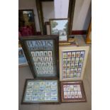 A box of assorted prints including cigarette cards and a tin advertising sign