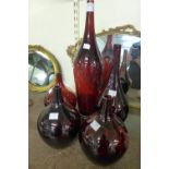 Five Scandinavian red glass vases