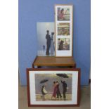 A Raymond Leach cafe scene print and two Jack Vetriano prints,