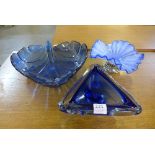 Three blue glass dishes