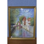 A Bruges canal landscape, watercolour,