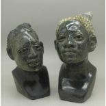 Two carved Shona, Zimbabwe, soapstone busts, 15cm and 12.