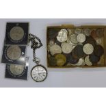 A white metal pocket watch, a collection of coins, British and Foreign,