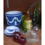 A Wedgwood Jasperware dark blue planter, other Wedgwood Jasperware, a Wade Bell's whisky decanter,