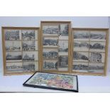 Three frames with London postcards and a frame with a collection of stamps