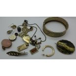 Silver and white metal jewellery including an 835 silver bangle, a hallmarked silver leaf brooch,