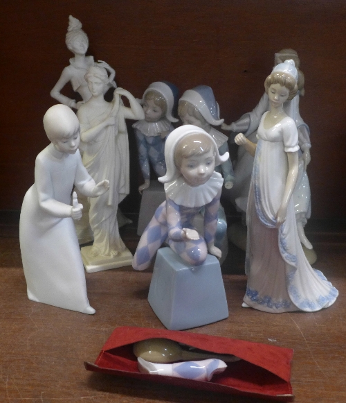 Two Lladro figures, one a/f, three Lladro Harlequin figures, two a/f,