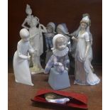 Two Lladro figures, one a/f, three Lladro Harlequin figures, two a/f,