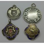 Three silver fobs and a silver and enamel badge, Edinburgh School of Nursing, a/f,