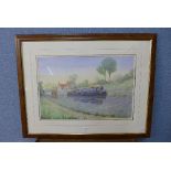 James North, barge on a canal, watercolour,