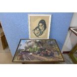 A Terence Cuneo locomotive print and a Jolylle portrait print