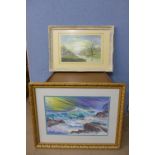 Ian Chapman, two landscapes, Stormy Seas, pastel and a river landscape, watercolour,