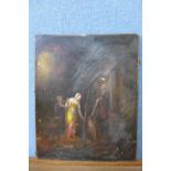 19th Century Continental School, two ladies with man in armour, oil on canvas,
