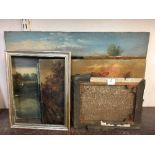 Five oil paintings and an artist's easel with oils, etc.